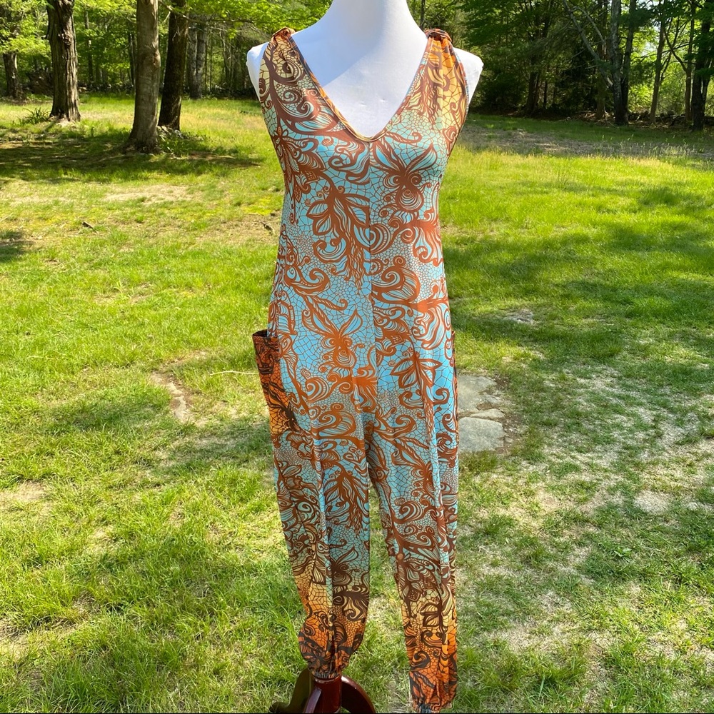 LILY By FIRMIANA JUMPSUIT PANTS BLUE BROWN GOLD SLEEVELESS Size M